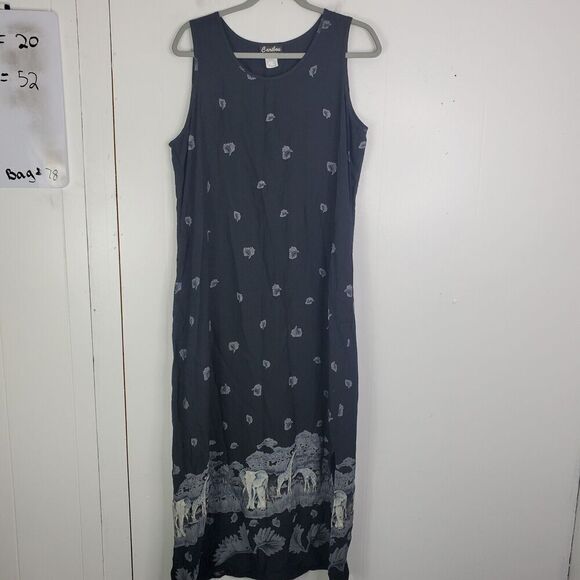Vintage Caribou Midi Dress Womens M Safari Elephant Giraffe Africa Cabin 90s - Picture 1 of 9